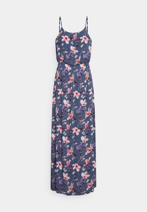 Robe maxi bleue avec imprimé floral et papillons roses et violets, fines bretelles réglables et taille élastique.