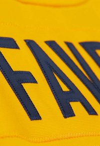 Close-up of yellow fabric with dark blue stitched letters spelling part of the word "FAMILY."