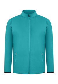 Türkiser Zip-Jacke mit hohem Kragen, ausgestattet mit zwei seitlichen Taschen mit Reißverschluss und schwarzen Akzenten an den Ärmeln. Weicher Stoff.