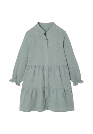 Hellgrünes Langarm-Kleid für Kleinkinder mit kleinen weißen und pinken Punkten, durchgehender Knopfleiste, gerafften Rüschenärmeln und mehrstufigem, gerafftem Rock.