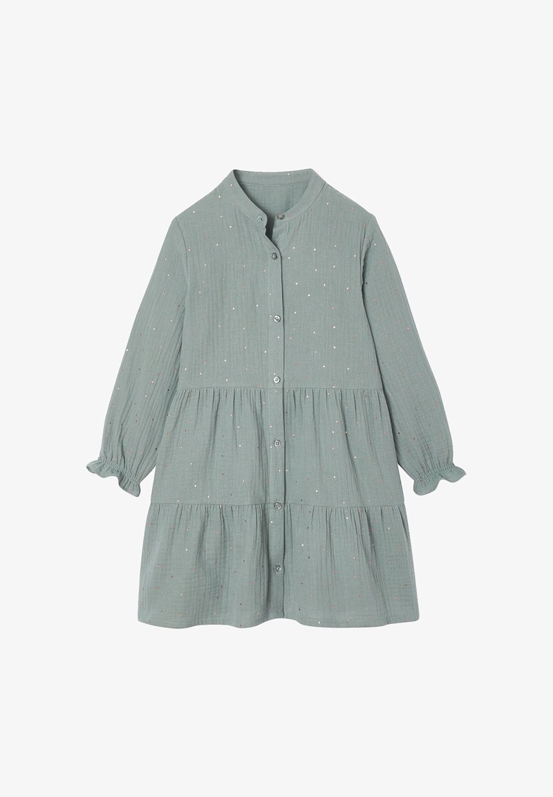 Robe pour tout-petit à manches longues de couleur vert clair avec de petits pois blancs et roses, fermeture boutonnée sur le devant, poignets à volants et jupe à volants à étages.