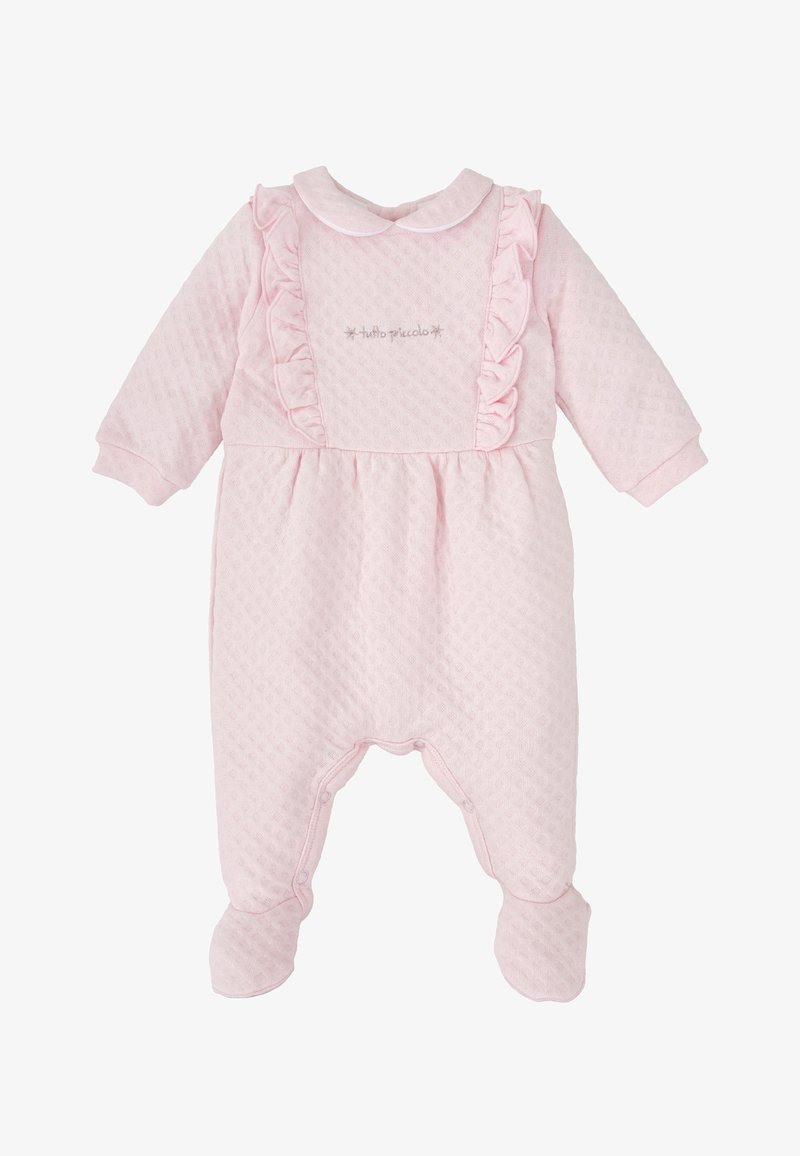 Combinaison à textures roses avec volants le long du col et de la poitrine, dotée de boutons-pression aux pieds pour un changement facile. Détails brodés au-dessus du volan.