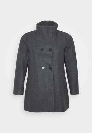 Cappotto in lana grigia con colletto alto, chiusura a doppiopetto con bottoni, maniche lunghe e design a taglio dritto.