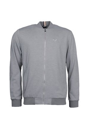 Světlě šedá bomber bunda na zip s žebrovanými manžetami a lemem, s jemně vyšitým logem na levé straně hrudi.