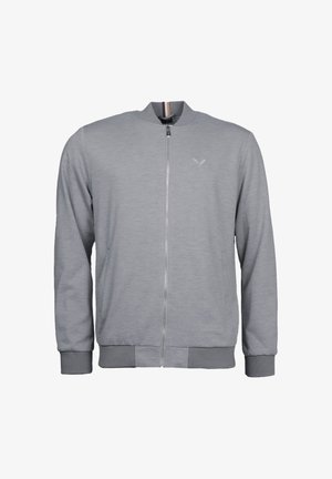 Giacca bomber con zip di colore grigio chiaro, con polsini e orlo a coste, caratterizzata da un logo ricamato discreto sul petto sinistro.