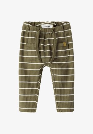 Pantalon côtelé vert olive pour tout-petit avec rayures horizontales blanches, taille élastique, cordon de serrage et deux poches avant.