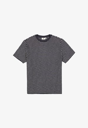 Marineblauw T-shirt met korte mouwen en witte horizontale strepen, ronde hals, gemaakt van zacht katoen met een gladde textuur.