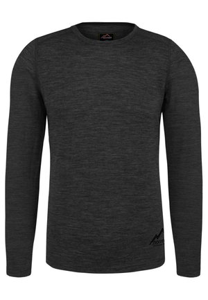 Langärmliges T-Shirt in dunkelgrau, aus strukturiertem Stoff, mit Rundhalsausschnitt und kleinem Logo nahe dem Saum.