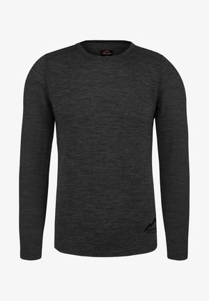 Long-sleeve t-shirt in dark gray, made of textured fabric, featuring a round neckline and a small logo near the hem.
