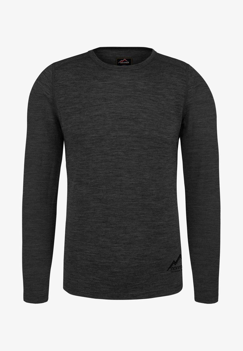 Langärmliges T-Shirt in dunkelgrau, aus strukturiertem Stoff, mit Rundhalsausschnitt und kleinem Logo nahe dem Saum.