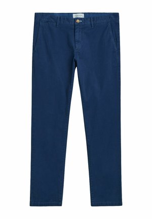 Marineblauwe katoenen chino's met een rechte pasvorm, voorzien van een knoopsluiting, riemlussen en zijzakken. Soepele textuur, minimale detailing.
