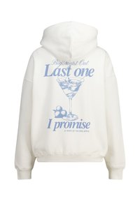 White hoodie with a large blue graphic of a cocktail glass, text “Big Night Out Last one I promise,” and ribbed cuffs and hem.