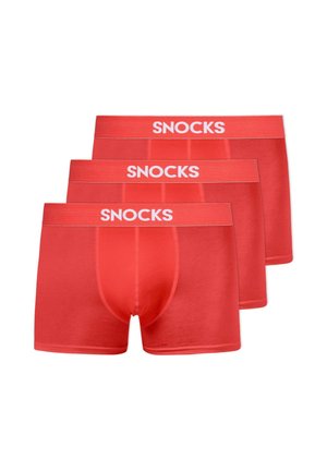 Red boxer briefs in a pack of three. Made of soft fabric with a snug fit. Features white "SNOCKS" logo on the elastic waistband.