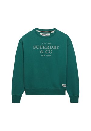 Sudadera de cuello redondo en color verde azulado con puños y dobladillo acanalados, con texto "EST 1954 SUPERDRY & CO NEW YORK" en el frente y un pequeño parche cerca del dobladillo.