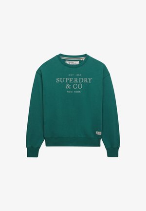 Błękitna bluza crewneck z prążkowanymi mankietami i dołem, z napisem "EST 1954 SUPERDRY & CO NEW YORK" na przodzie oraz małą naszywką blisko dołu.