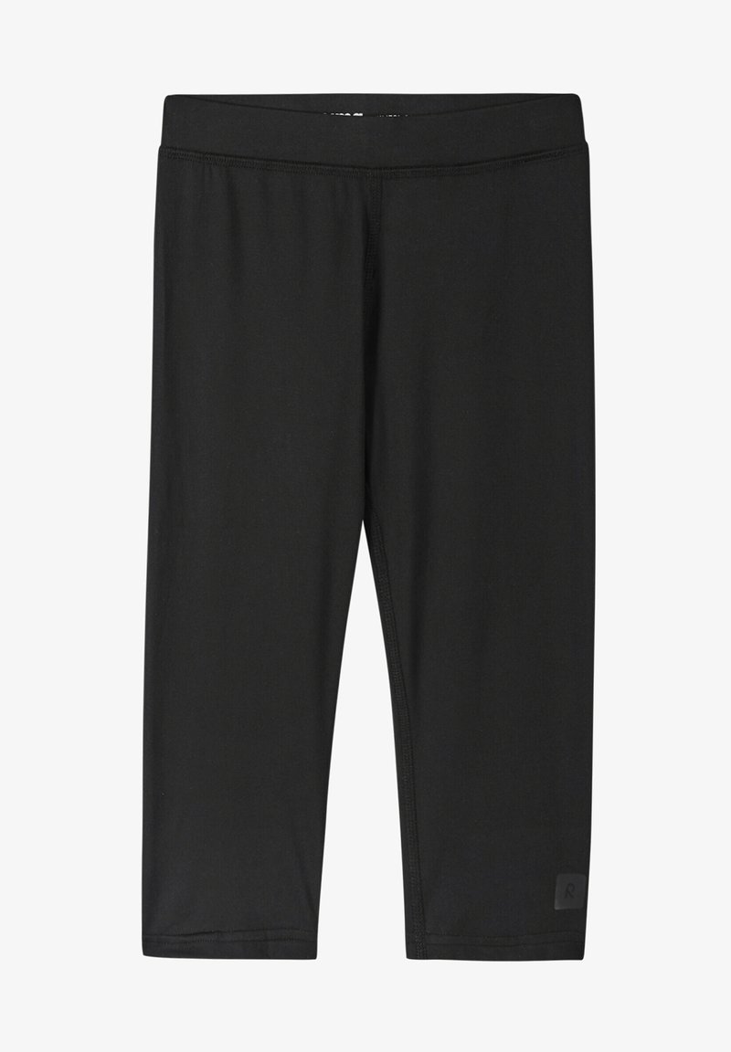 Leggings capri neri realizzati in tessuto elastico. Presentano una ampia vita elastica e cuciture piatte. Design minimalista senza motivi.