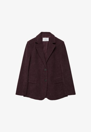 Burgundský kordový blazer s vyříznutými klopy, dvěma předními kapsami a dvěma černými knoflíky. Hladká podšívka. Strukturovaný střih.