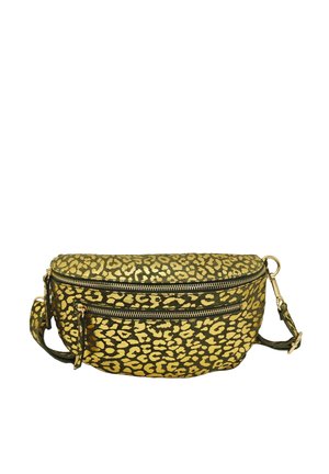 Sac bandoulière en imprimé léopard doré avec deux compartiments zippés, une bandoulière amovible et une surface douce et texturée.