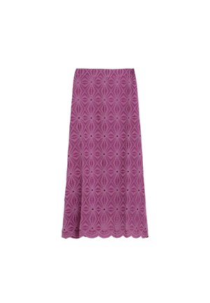 Falda midi morada con patrón geométrico de encaje y borde festoneado, corte recto y diseño estructurado.