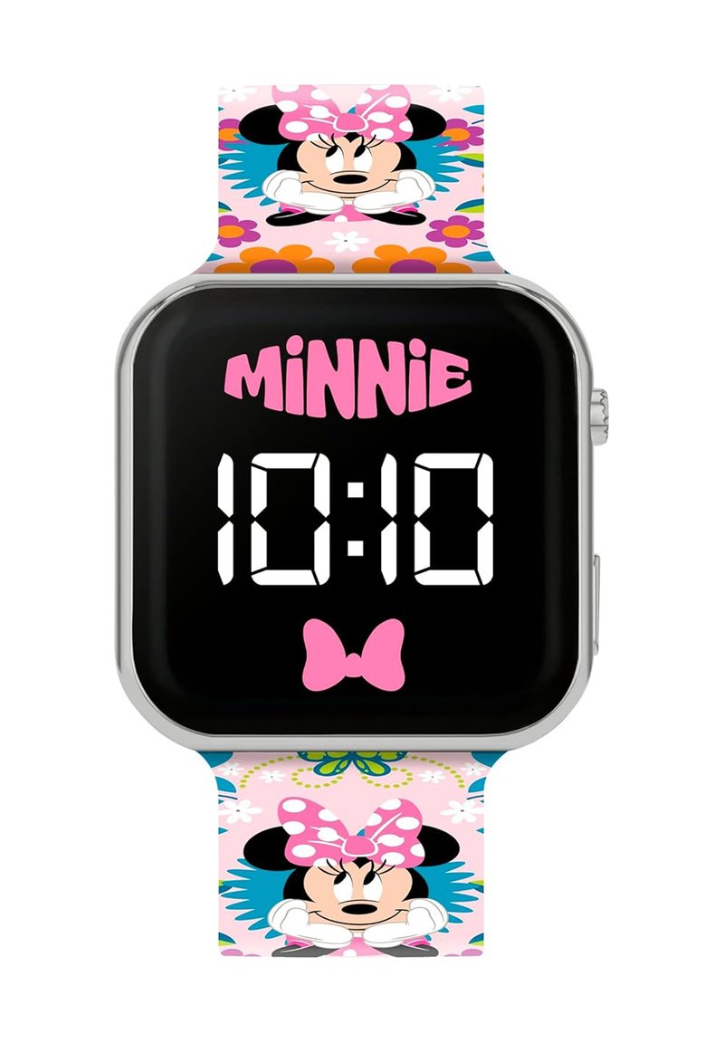 Orologio digitale con quadrante nero che mostra "10:10" in bianco. Il cinturino presenta un motivo floreale colorato e un cartone animato di Minnie Mouse con accenti rosa.