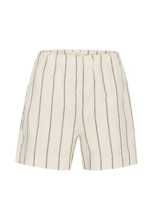 Linned shorts med elastisk midja, med vertikala grå ränder på en ljusbeige bakgrund, skurna för en lös passform.