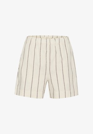 Rugalmas derékpánttal ellátott vászon sort, világos bézs alapon függőleges szürke csíkokkal, laza oldalvágással.