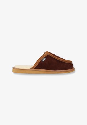 Brown suede slipper with a tan trim and soft lining. Features a closed back and a flat, rubber outsole for grip. Fiska logo on the side.