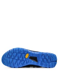 Svart skoinnersula med en framträdande blå gummiyta som har geometriska mönster; märkt med en gul "Vibram"-logotyp.