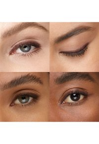 Vier Nahaufnahmen menschlicher Augen mit verschiedenen Augenfarben, Wimpern und subtilen Akzenten von Augen-Make-up. Die Augenbrauen sind gepflegt.