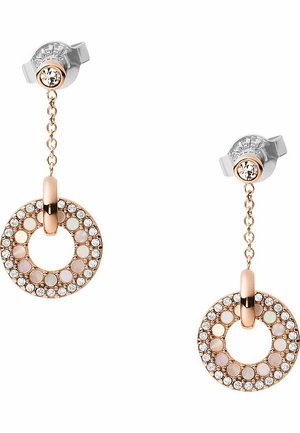 Boucles d'oreilles pendantes en or rose avec pendentifs circulaires présentant des opales petites et des cristaux clairs alternés sur des chaînes délicates.