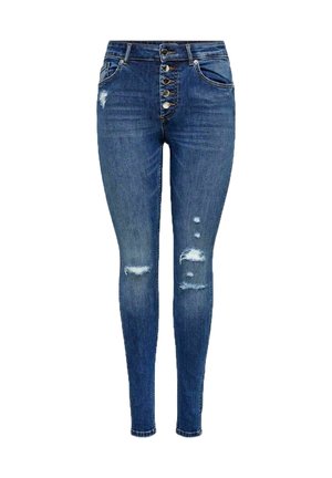 Blå skinny jeans med høj talje, knaplukning og slidte pletter på lår og knæ, med for- og baglommer.