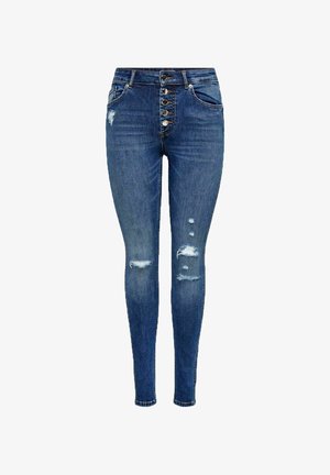 Blå skinny jeans med høj talje, knaplukning og slidte pletter på lår og knæ, med for- og baglommer.
