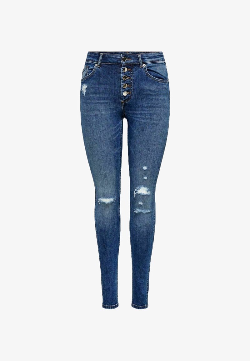Jean skinny bleu taille haute avec braguette à boutons et patchs usés sur les cuisses et les genoux, avec poches avant et arrière.