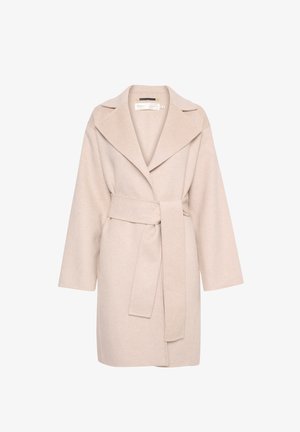 Bēša vilnas maisījuma mētis ar šaulu apkakli, garām piedurknēm un paša sasienamu jostu. Gluda tekstūra un brīvs piegriezums ar sānu šuvju kabatām.