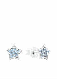 Orecchini a forma di stella in argento sterling con pietre azzurre su una superficie texturizzata, fissati con una chiusura a pressione.