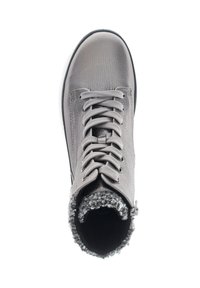 Grijze leren enkelboot met een gestructureerd oppervlak, vetersluiting, en een gezellige bies van bont aan de kraag, met een zijklep en een duurzame zool.