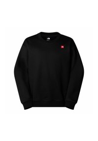 Sudadera negra hecha de un tejido suave, con cuello redondo, puños acanalados y un parche de logo rojo en el lado izquierdo del pecho. Diseño simple.