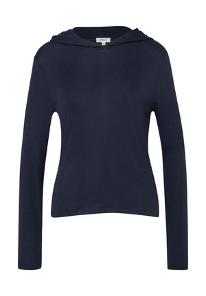 Marineblauer Hoodie mit langen Ärmeln, figurbetontem Schnitt und kleinem Kapuzen, aus leichtem Stoff, vor weißem Hintergrund dargestellt.