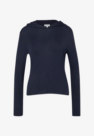 Granatowa bluza z kapturem o długich rękawach, dopasowanym kroju i małym kapturze, wykonana z lekkiego materiału, prezentowana na białym tle.