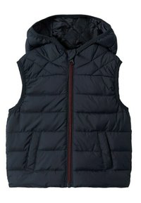 Mörkblå pufferväst med huva, quiltad textur, frontdragkedja och två sidofickor. Har en horisontellt sömdesign.