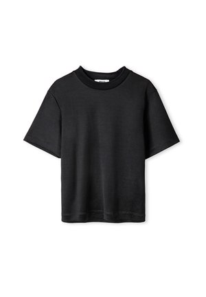 Schwarzes Kurzarm-T-Shirt mit rundem Ausschnitt, aus weichem Stoff gefertigt. Verfügt über ein schlichtes Design ohne Muster oder Drucke und bietet einen lässigen Look.