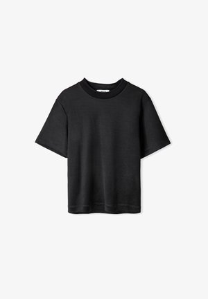 Zwarte korte mouwen T-shirt met ronde hals, gemaakt van zachte stof. Beschikt over een eenvoudig ontwerp zonder patronen of prints, wat zorgt voor een casual uitstraling.