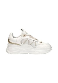 White sneaker with a mix of leather and mesh upper, featuring gold accents, a chunky white sole, and a textured design on the side.