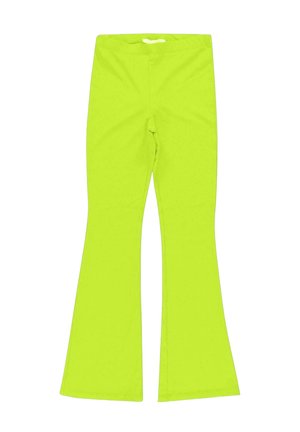 Heldere neon groene geribde flare broek met een hoge taille en brede pijpopeningen, plat weergegeven op een witte achtergrond.
