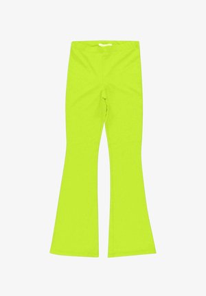 Heldere neon groene geribde flare broek met een hoge taille en brede pijpopeningen, plat weergegeven op een witte achtergrond.