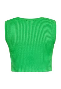 Top scurt verde cu textură ribbed, design fără mâneci, decolteu larg și o formă ajustată. Prezintă o finisare netedă.