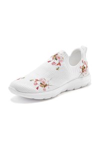 White slip-on shoe with floral embroidery in pink and green. Features a textured knit upper and a flexible rubber sole.