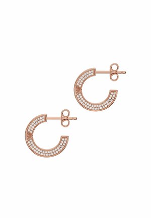 Rose gold hoop earrings in a crescent shape, featuring a row of clear gemstones along the front for added detail and texture.