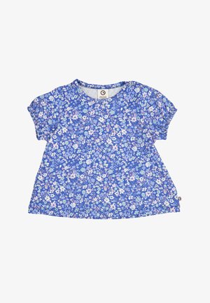 Chemise pour bébé à manches courtes bleue avec petit imprimé floral rose, blanc et bleu clair, col rond et boutons-pression à l'épaule.