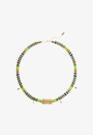 Perlenkette mit buntfarbenen Glasperlen in Grün, Gelb und Braun, verziert mit goldfarbener Metallbeschlägen und dekorativen Akzenten in der Mitte.